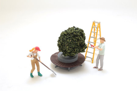 figures of gardeners working together on a bush with pruning tools and a ladder.