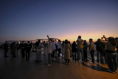 Dec 4 2024 people silhouetted against the colorful evening sky, enjoyingの写真素材