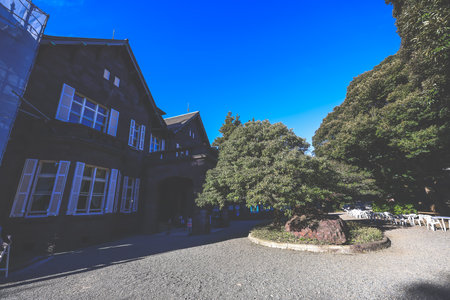 Dec 6 2024 stunning historical building with stone walls, surrounded by lush treesの写真素材