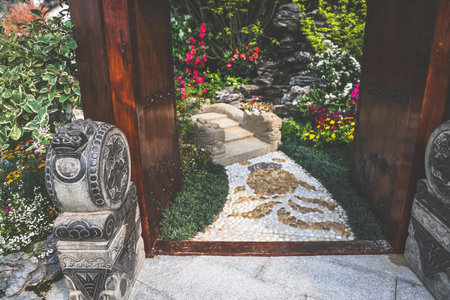 A scenic view of a stone bridge with dragon sculptures, surroundedの写真素材