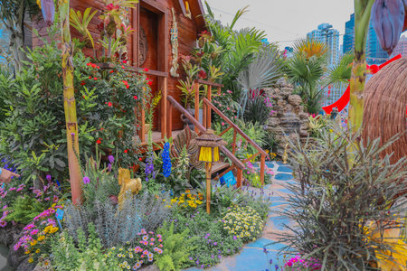 A tranquil garden setting featuring a crescent-shapedの写真素材