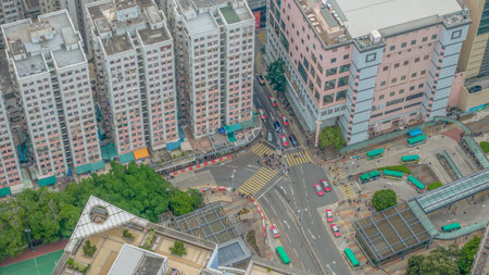 Aerial View of Urban Buildings and Busy Streets in Cityscapeの写真素材