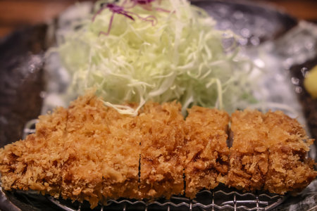 Appetizing breaded pork cutlet accompanied by shreddedの写真素材