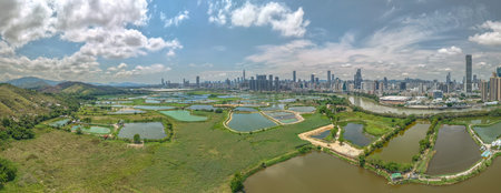 Fish pond at Ma Tso Lung reflecting sky and nature peacefullyの写真素材