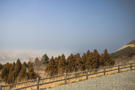 A scenic view of a rural landscape with a wooden fence iの写真素材
