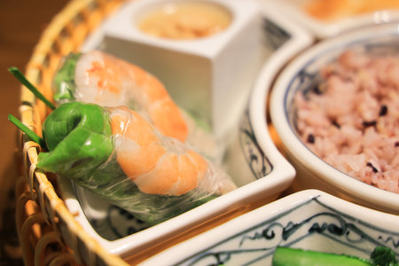 Delicious fresh shrimp summer rolls wrapped in rice paper