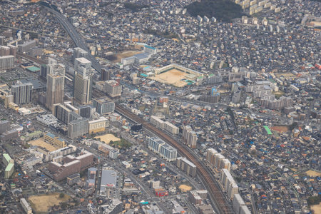 showcasing a bustling cityscape, featuring interconnected roadsの写真素材