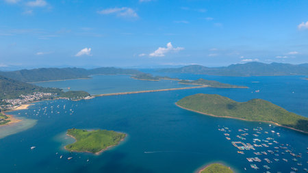 breathtaking aerial view showcasing a coastline with islands,の写真素材