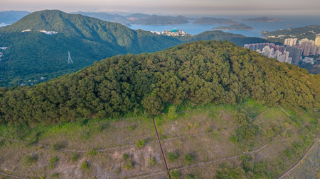 beautiful scene featuring verdant green hills and forested slopes with distantの写真素材