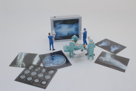 Professionally dressed miniature figures of medical professionals examining