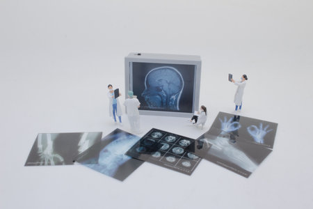 Professionally dressed miniature figures of medical professionals examiningの写真素材