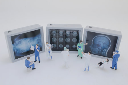 Professionally dressed miniature figures of medical professionals examiningの写真素材