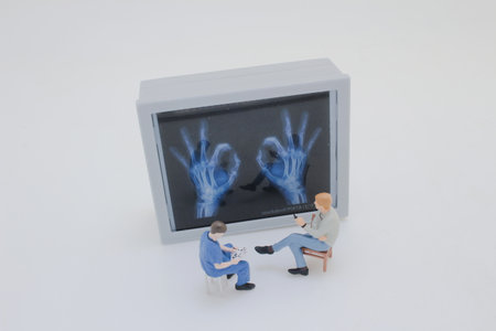 Professionally dressed miniature figures of medical professionals examiningの写真素材
