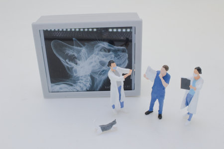 Professionally dressed miniature figures of medical professionals examining