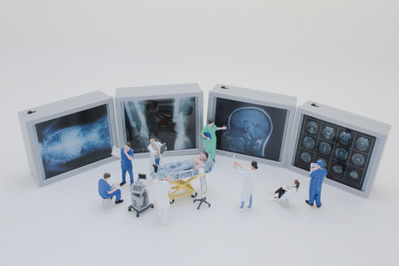 Professionally dressed miniature figures of medical professionals examining