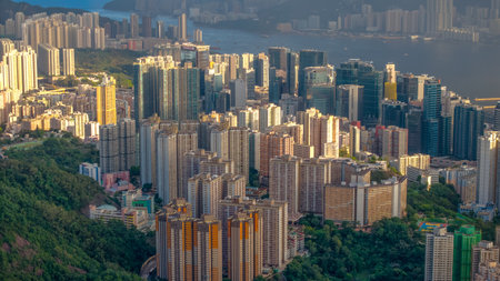 aerial view of a bustling cityscape composed of tall apartmentの写真素材