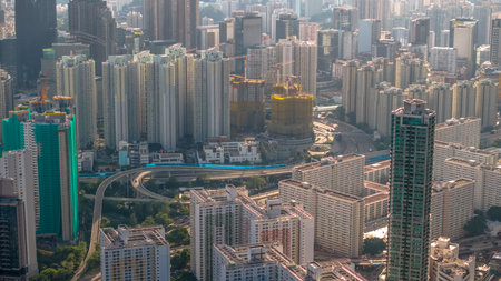 Elevated view showing a highly developed urban area with tall buildinの写真素材