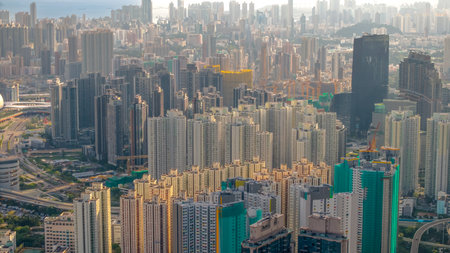 densely populated residential complexes amidst a thriving urbanの写真素材