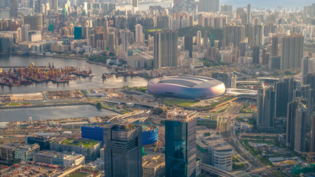 stunning view of a bustling modern cityscape featuring numerousの写真素材