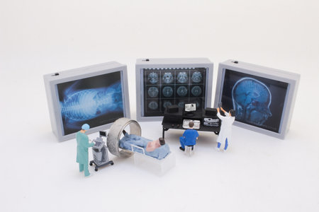 Representations of a small medical team examining x-ray and MRI imagingの写真素材