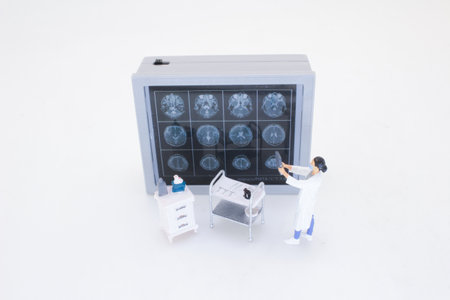 Miniature plastic figure of a doctor reviewing brain scans displayedの写真素材