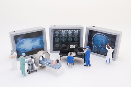 Representations of a small medical team examining x-ray and MRI imagingの写真素材