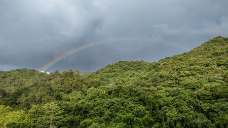 Rainbow Over Mang Kung Uk Scenic Village Landscape Hong Kongの写真素材