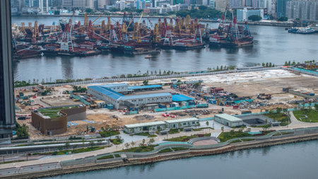 detailed aerial view showcasing the organized layout and activities oの写真素材