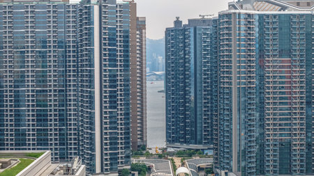 High-rise residential buildings with contemporary architecture, featuring waterfrontの写真素材
