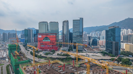 skyscrapers, a winding river, and a vibrant cityの写真素材
