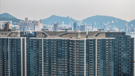 High-rise residential buildings with contemporary architecture, featuring waterfrontの写真素材