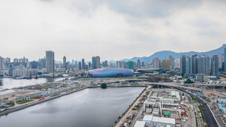 detailed aerial view showcasing the organized layout and activities oの写真素材