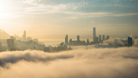 March 2 2025 skyscrapers surrounded by rolling fog with a serene mountain backdrop.の写真素材