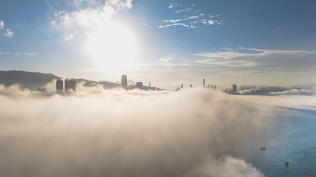 March 2 2025 dramatic aerial view of a metropolitan skyline partially