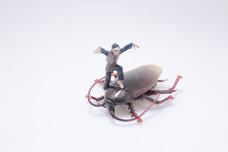 A creative depiction of a small figure riding an exaggerated large bug,