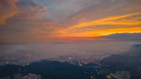 Urban landscape illuminated by fading twilight and city lights