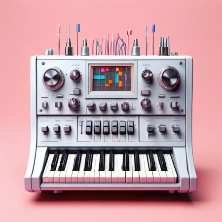 the AI Image Generator, Retro Futuristic Synthesizer with Analog Controls and Digital Displayの素材