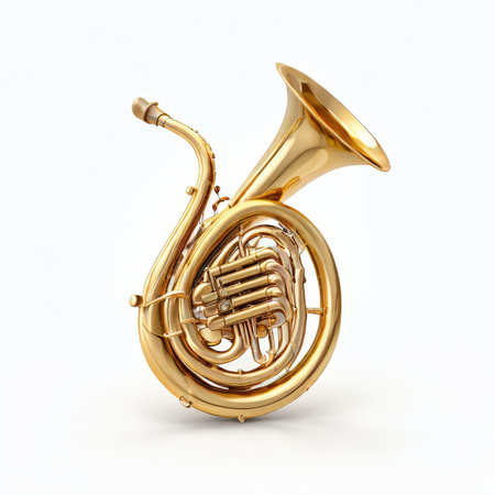 the AI Image Generator, Golden Brass Instrument French Horn on a White Backgroundの素材