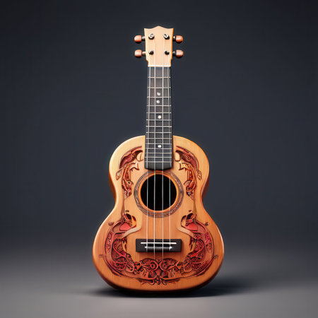 the AI Image Generator, Wooden Acoustic Ukulele Displayed Againstの素材