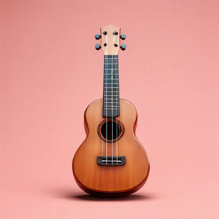 the AI Image Generator, Wooden Acoustic Ukulele Displayed Againstの素材