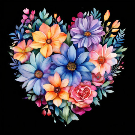 Colorful bouquet of flowers in the shape of a heart on a black backgroundの素材