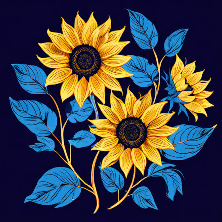 the AI Image Generator, Vibrant Sunflowers Illustration with Blue Leaves on Dark Backgroundの素材