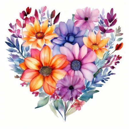 Beautiful watercolor illustration with flowers in heart shape on white backgroundの素材