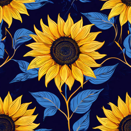 the AI Image Generator, Vibrant Sunflowers Illustration with Blue Leaves on Dark Backgroundの素材