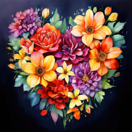 the AI Image Generator, Heart-Shaped Floral Composition with Colorful Artistic Watercolorの素材