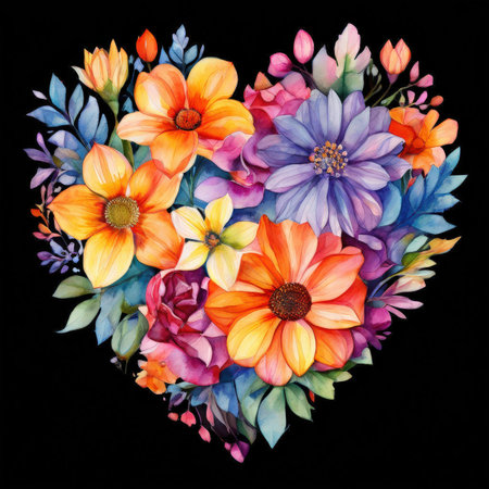 Watercolor bouquet of colorful flowers in heart shape on black backgroundの素材