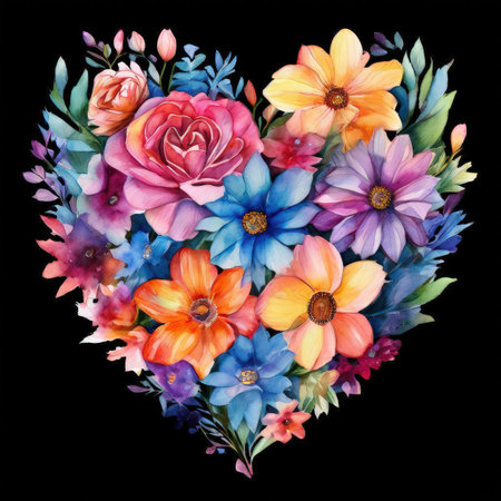Bright watercolor bouquet of flowers in the shape of a heartの素材
