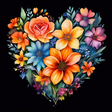 Colorful floral heart on black background. Bouquet of flowers.の素材