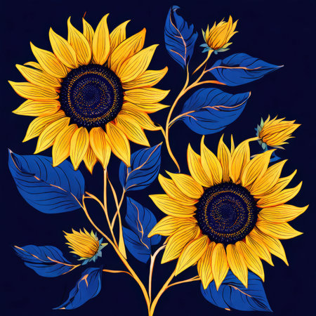 the AI Image Generator, Vibrant Sunflowers Illustration with Blue Leaves on Dark Backgroundの素材