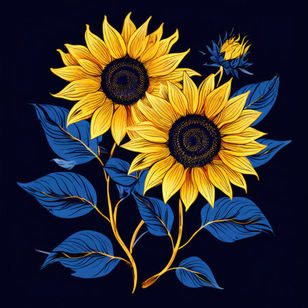 the AI Image Generator, Vibrant Sunflowers Illustration with Blue Leaves on Dark Backgroundの素材